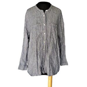 Lands End Womens 1X Blue & White Striped Button-Down Long Sleeve Shirt Top